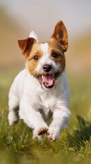 Lively Jack Russell Terrier bounding through the grass, drawing attention to the importance of tick and flea prevention.