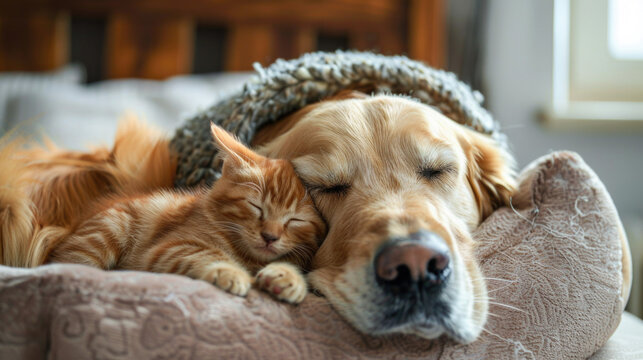 Cute dog sleeping in a bed with a adorable little kitten next to him