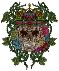 Illustration, hand drawn, skull, vintage, old school style Wear a crown of roses and vines. on a transparent background