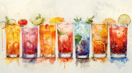 water color cocktails collection on a white background - obrazy, fototapety, plakaty