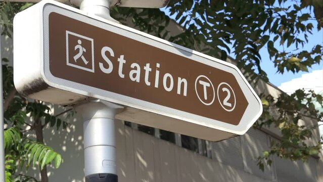Station T2 sign leading to the RATP tram station in Paris, France 
