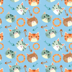 Cartoon cute cat head with fish bone seamless pattern. Can be used for fabric textile wallpaper gift wrap paper.