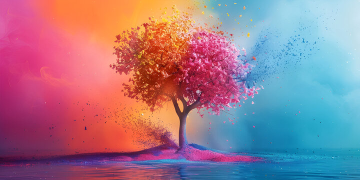 A Painting Of Tree With Rainbow Colored For Holi Festival Background