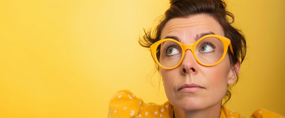 Close up studio portrait of smart woman with vintage retro style and yellow eyeglasses, knowledgeable to help answer question