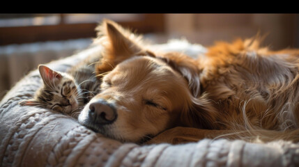 Cute dog sleeping in a bed with a adorable little kitten next to him