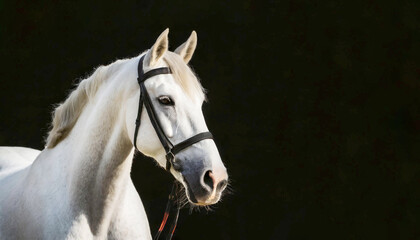 Horse head isolated on a black background with copy space. 