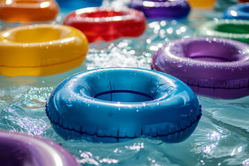 Pool party multiple coloured Inflatable rings scattered across the shimmering blue water surface, signaling joy and group fun - Powered by Adobe