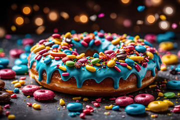 Fototapeta na wymiar Showcase a rainbow of sprinkles adorning a perfectly glazed doughnut, each tiny candy adding a burst of color to your screen 
