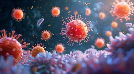 Close-up photography revealing the microscopic world of immune response, as white blood cells engage in a relentless pursuit of bacteria - obrazy, fototapety, plakaty