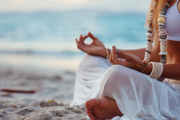 Close up of a woman sitting on the beach mediating