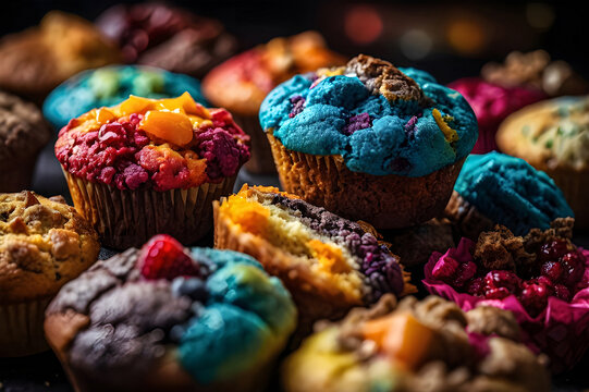 Capture a close-up image of a variety of muffins arranged in a rainbow pattern, showcasing their vibrant colors and textures against a dark background. 
