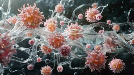 Close-up photography revealing the microscopic world of immune response, as white blood cells engage in a relentless pursuit of bacteria