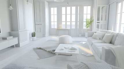 Scandinavian-Style Cozy Living Room: A bright and airy living room embracing Scandinavian minimalism, with a neutral color palette of whites and soft grays,