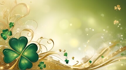 Fototapeta na wymiar Emerald and gold abstract pattern sparkles with sparkling magic and is accented with delicate shamrocks, leaving plenty of room for your holiday message. St. Patrick's Day concept poster background. 