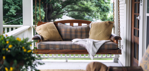 A beautiful porch swing in the style of Craftsman, great for afternoon naps as it softly sways in the breeze