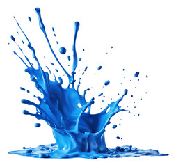 Liquid blue paint making big splash and drops isolated