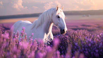A magnificent white horse stands amidst a lavender field, radiating beauty and grace - obrazy, fototapety, plakaty