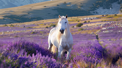 White beautiful horse in a lavender field against the background of mountains