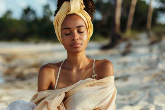 Beautiful young black woman sitting on the beach mediating