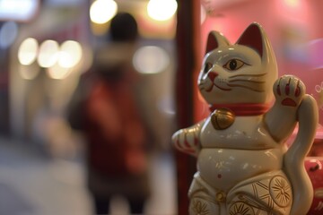 closeup of maneki neko with a blurred person in the background