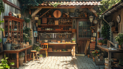 A quaint garden workshop with an array of vintage tools and plants in a cozy setting. - obrazy, fototapety, plakaty