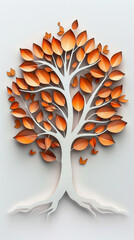 Paper cut style white background tree with orange leaves