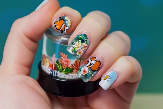 tropical fish nail art on hand with a small aquarium backdrop