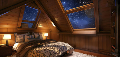 A comfortable attic bedroom featuring views of the starry sky through dormer windows and sloped ceilings, situated in a Craftsman bungalow - obrazy, fototapety, plakaty