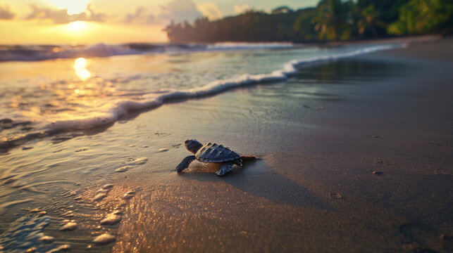 A young sea turtle crawls toward the sea against the backdrop of a stunning sunset, depicting new life and natural beauty.