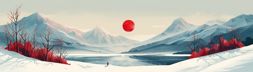 Block illustration of Winter Solstice, geometric shapes forming a snowy landscape, clear and sharp - obrazy, fototapety, plakaty