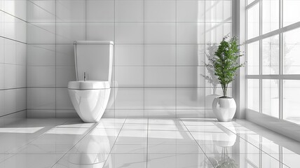 Modern white toilet in a minimalist bathroom with glossy tiles - obrazy, fototapety, plakaty
