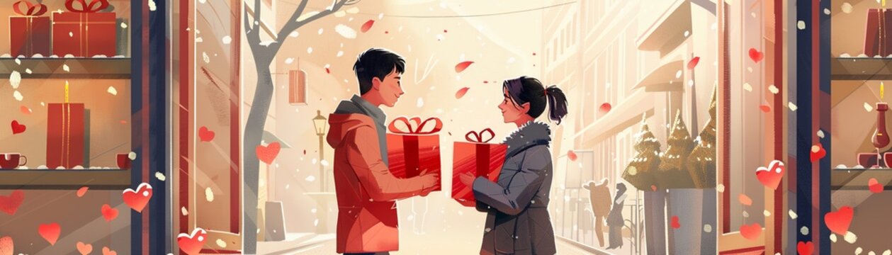 Advertising illustration for Valentines Day, couples exchanging gifts in a romantic setting, no grunge effects