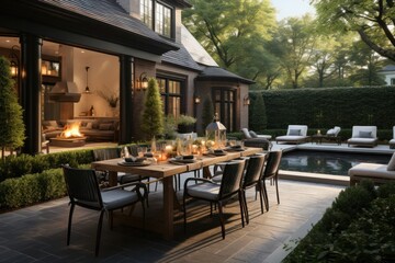 Fototapeta premium Cozy Patio With Table Chairs and Fireplace Generative AI