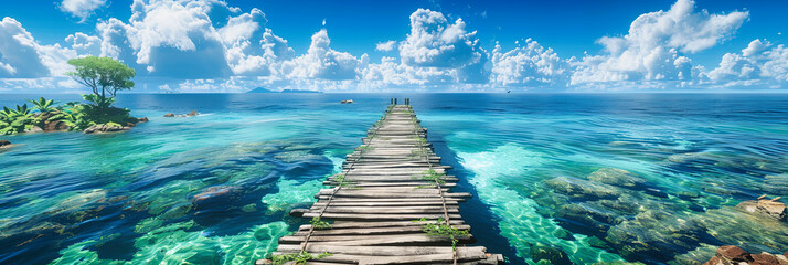Tropical Escape: A Pier Stretches into Azure Waters, Inviting Wanderers to a Paradise Where the Ocean Meets the Sky - obrazy, fototapety, plakaty