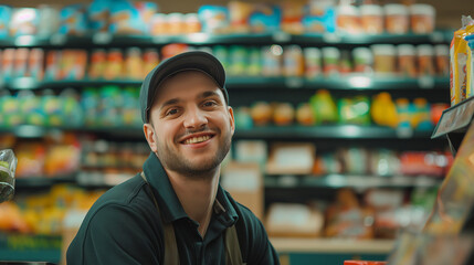 Fototapeta premium portrait of a smiling person working in a grocery store, smiling worker concept of job satisfaction