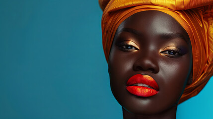 Dark-skinned African woman with beautiful bright lipstick on her lips on a blue background - obrazy, fototapety, plakaty