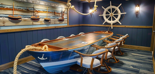 A conference room with a nautical theme, accented with marine décor and an oceanic color scheme, and furnished with chairs and a table shaped like a boat for a seaside feel