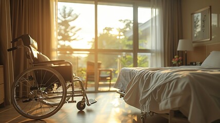 Sunny room with empty wheelchair and adjacent hospital bed - obrazy, fototapety, plakaty