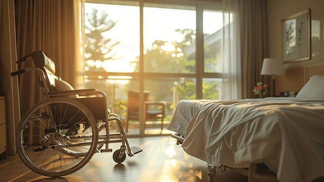 Sunny room with empty wheelchair and adjacent hospital bed