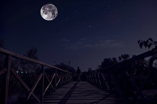 nighttime photo of person crossing wooden bridge, moon above