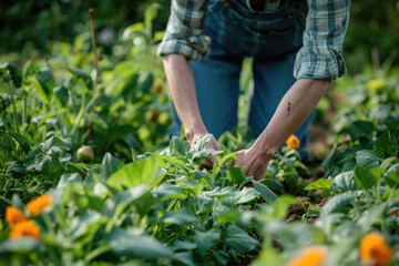 Fototapeta premium Close up of person picking up a plant in garden