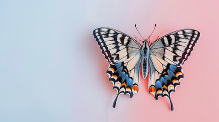 Fototapeta na wymiar A beautiful butterfly sitting gracefully on a pastel isolated background, with ample copy space