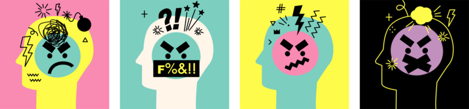 Negative thinking concept. Humans head silhouette with swearing emoji. Angry face icons set. Emotional stress. Mad emoticon sticker, hate, furious, doodle element. Vector illustration for social media
