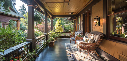 A delightful front porch with elaborate woodwork that beckons guests to unwind in the Craftsman house's shadow - obrazy, fototapety, plakaty
