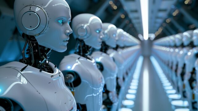 Futuristic row of humanoid robots with one in the foreground, concept of automation and AI.