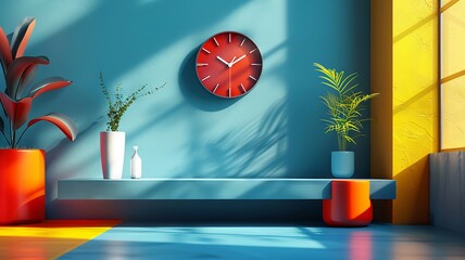 Vibrant abstract calendar and clock setup on monochrome backdrop