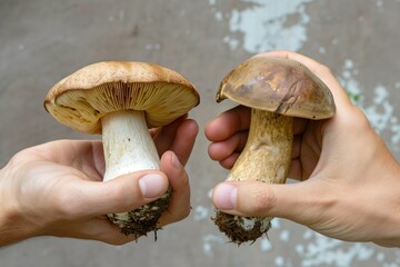 a person comparing two mushrooms side by side in their hands