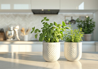 Sweet basil in the pots on the white kitchen background, soft morning lighting