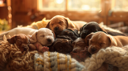 Relaxed litter of puppies of various colors sleeping soundly on a bulky knitted blanket, capturing the essence of contentment - obrazy, fototapety, plakaty