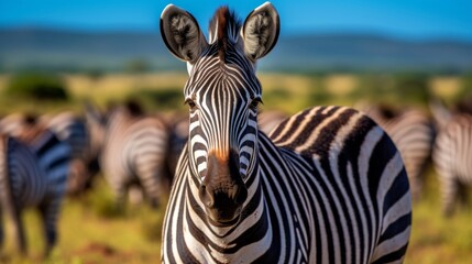 Fototapeta premium Zebras standing together in a sunny field